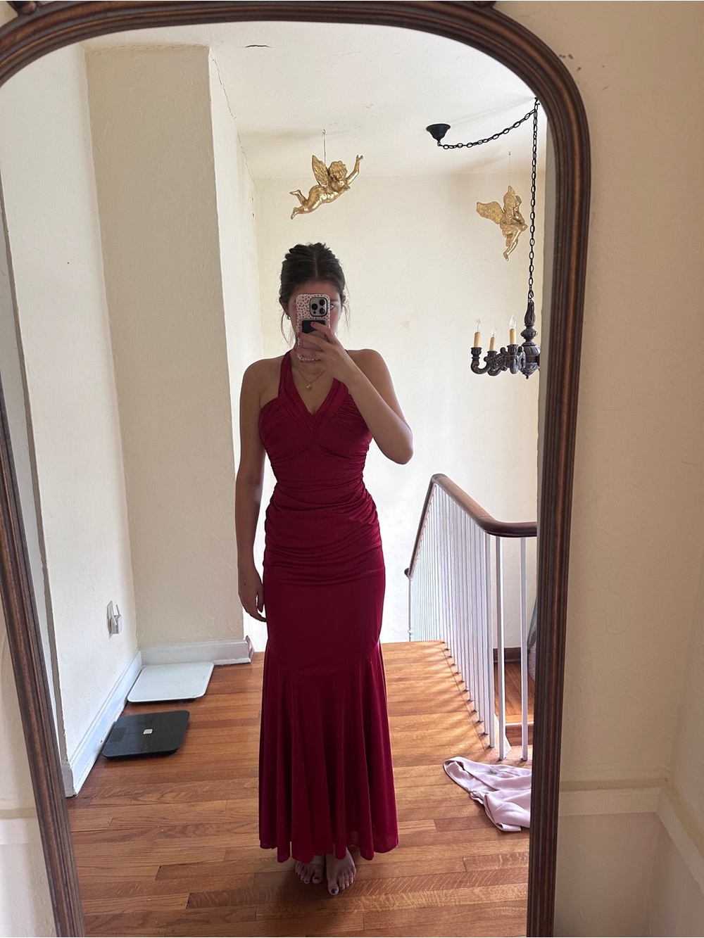 Red Halter Ruched Maxi Dress